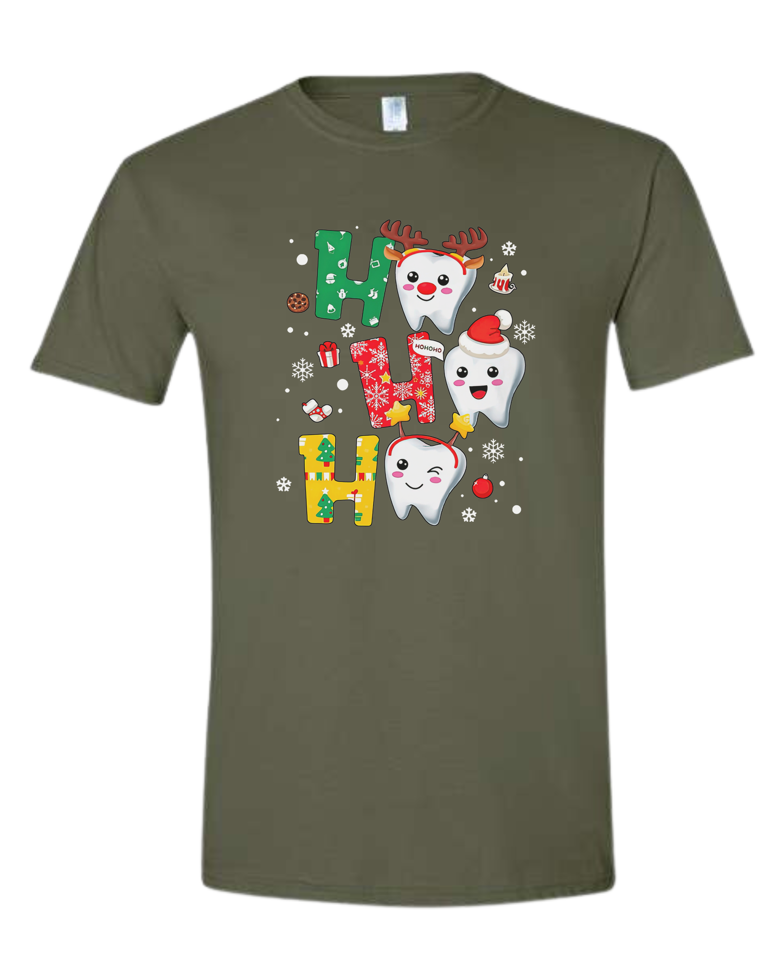 Snowing "HO HO HO" dental graphic Unisex crew-neck  graphic tee Military Green