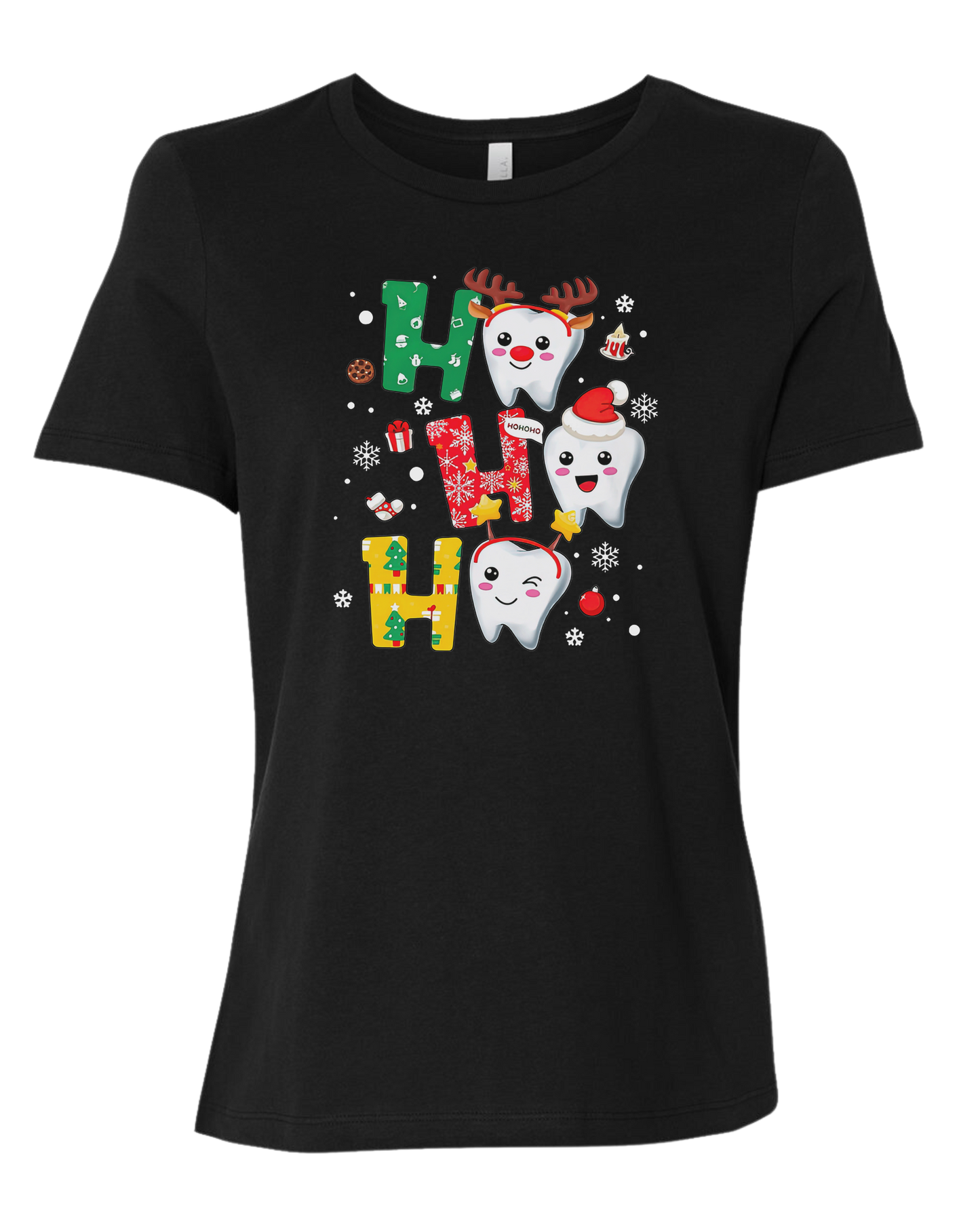 Snowing "HO HO HO" dental graphic Women's fit premium crewneck tee Black
