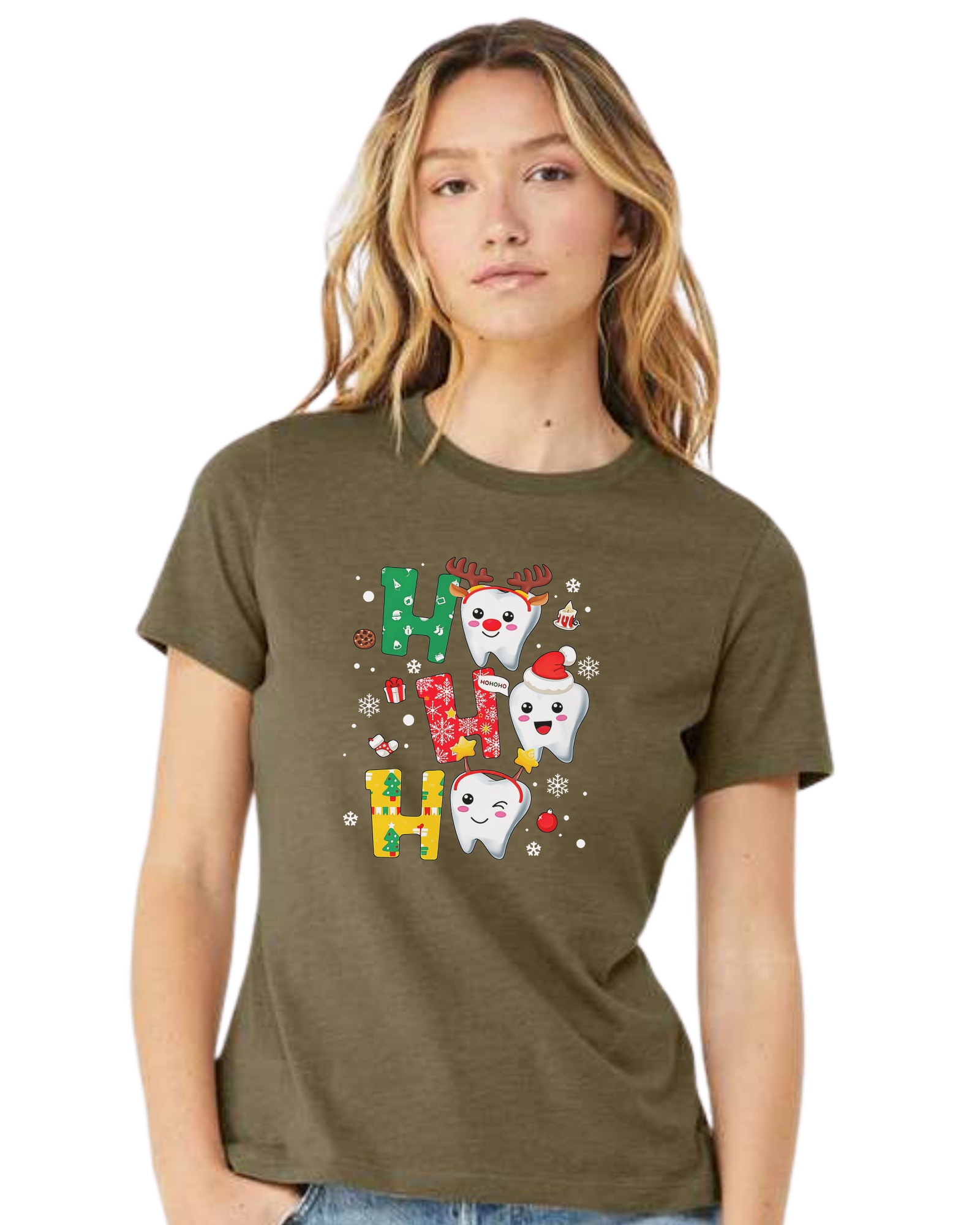 Snowing "HO HO HO" dental graphic Women's fit premium crewneck tee Olive