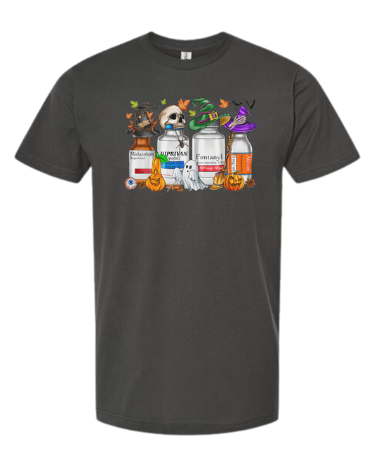 Spooky Medication Bottles graphic Unisex crew-neck  graphic tee Charcoal Grey