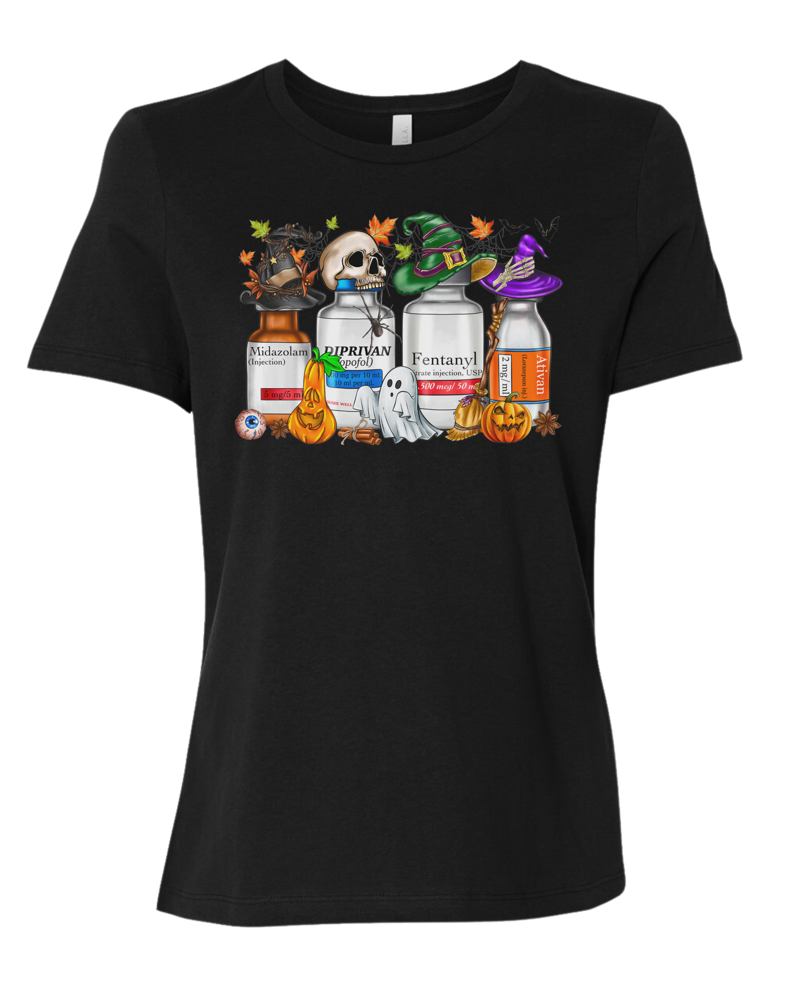 Spooky Medication Bottles graphic Women's fit premium crewneck tee Black