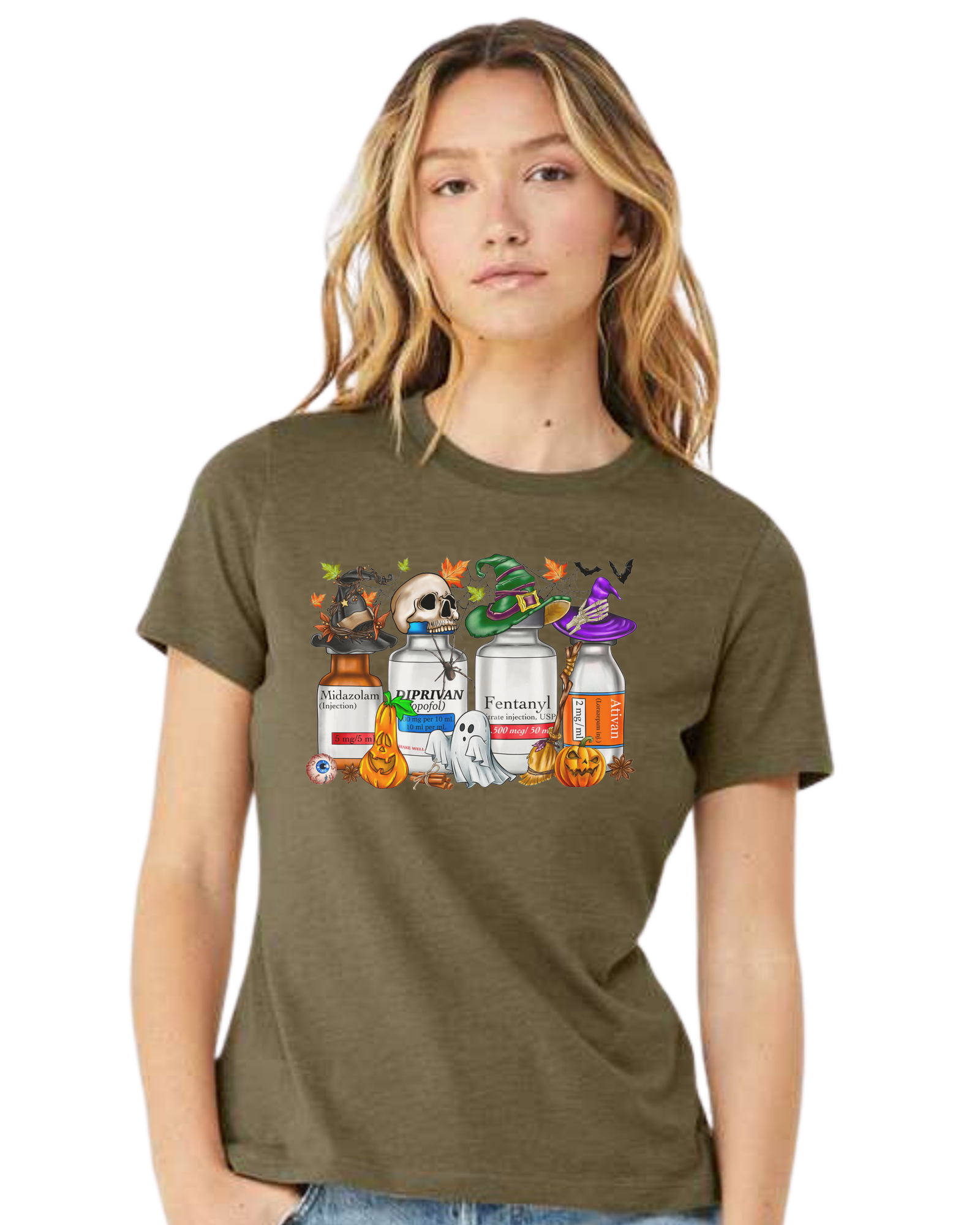 Spooky Medication Bottles graphic Women's fit premium crewneck tee Olive