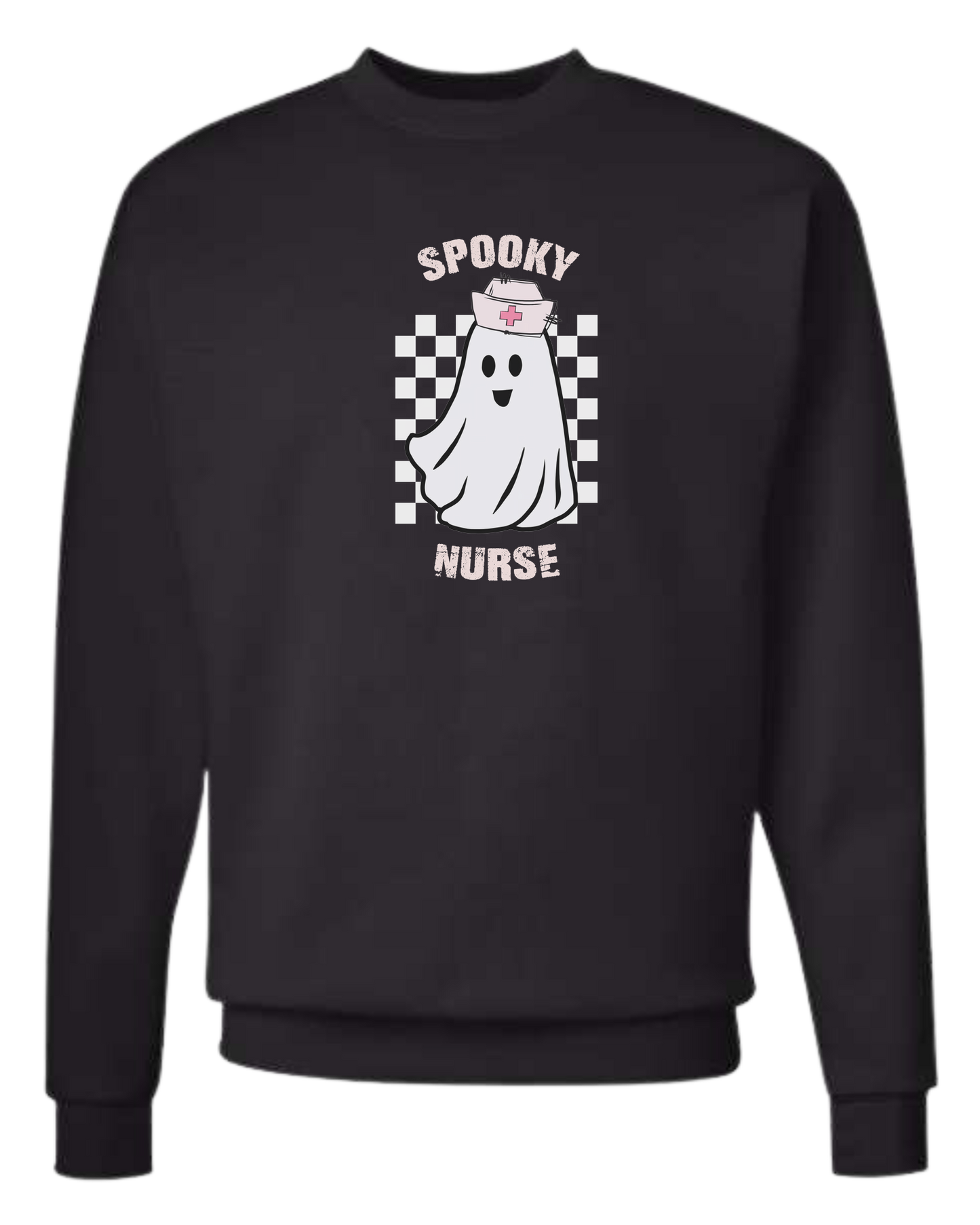 "Spooky Nurse" nurse ghost on checkerboard graphic Classic unisex crewneck sweatshirt Black