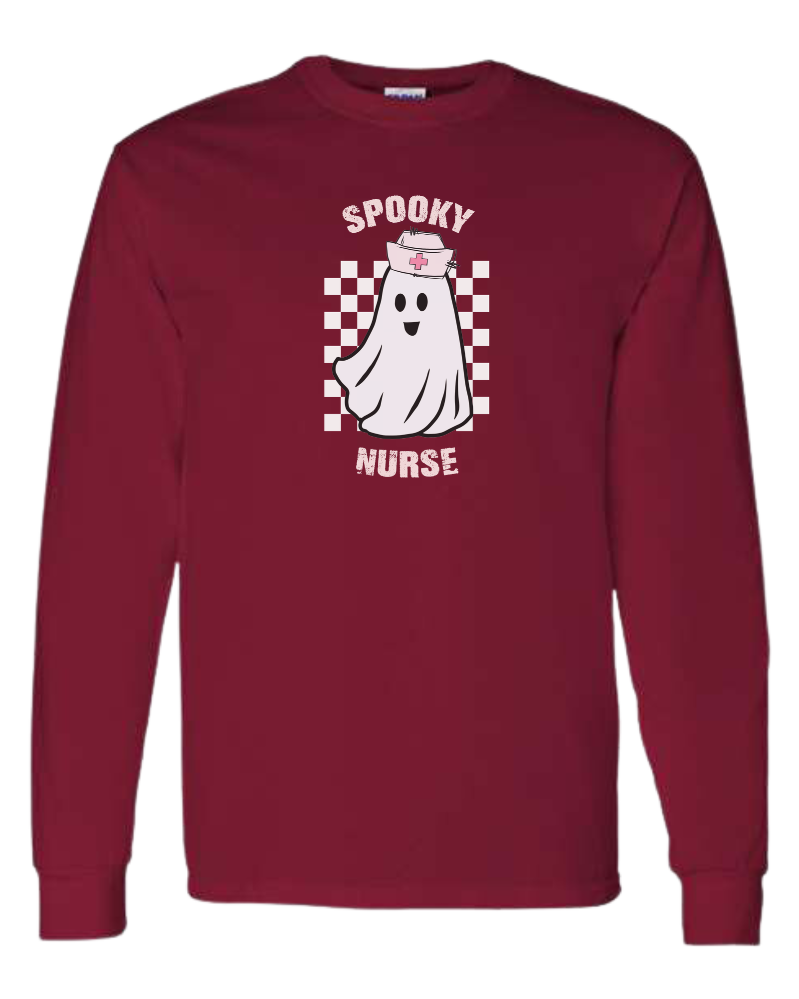 "Spooky Nurse" nurse ghost on checkerboard graphic Classic unisex crewneck sweatshirt Cardinal Red
