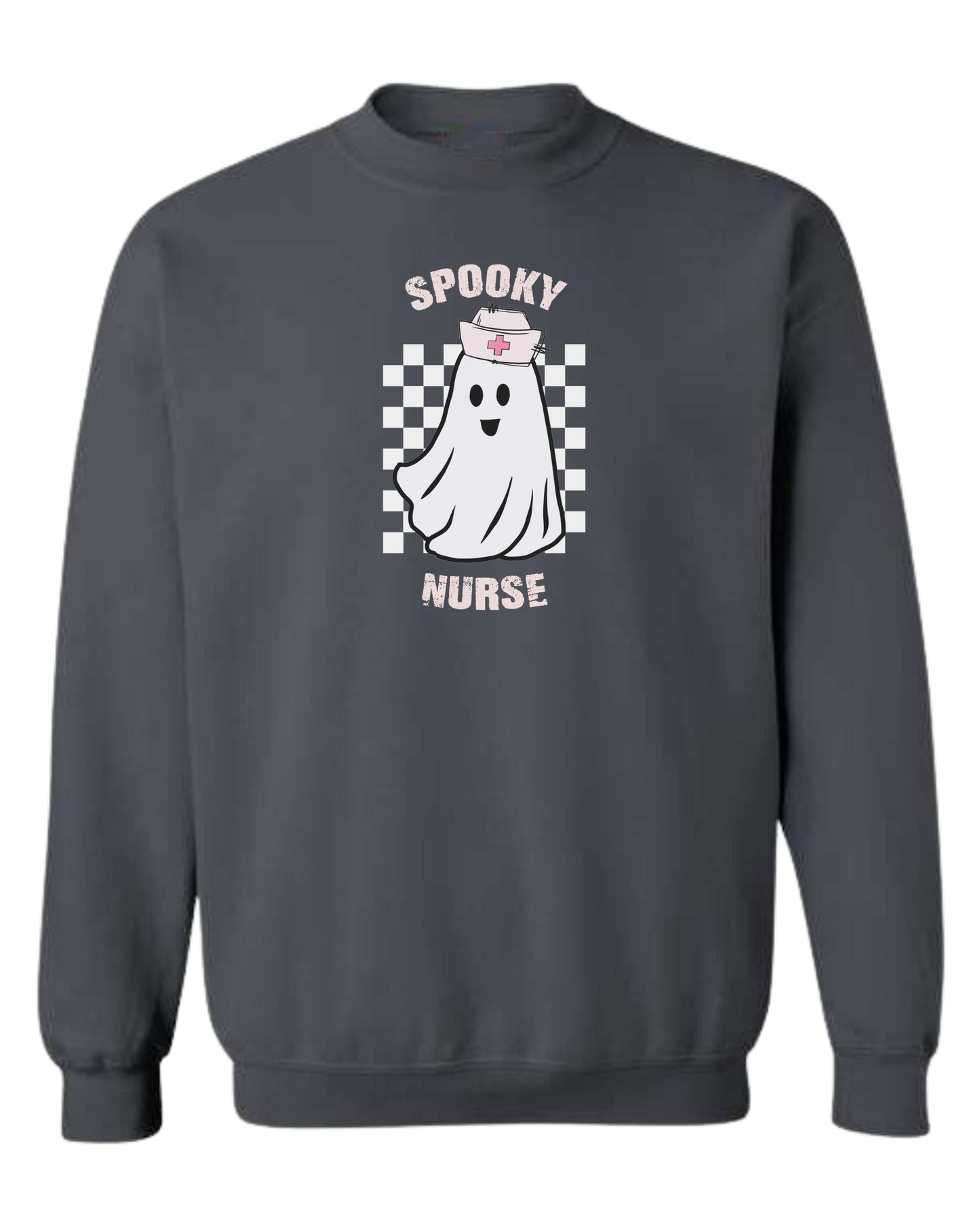 "Spooky Nurse" nurse ghost on checkerboard graphic Classic unisex crewneck sweatshirt Dark Grey