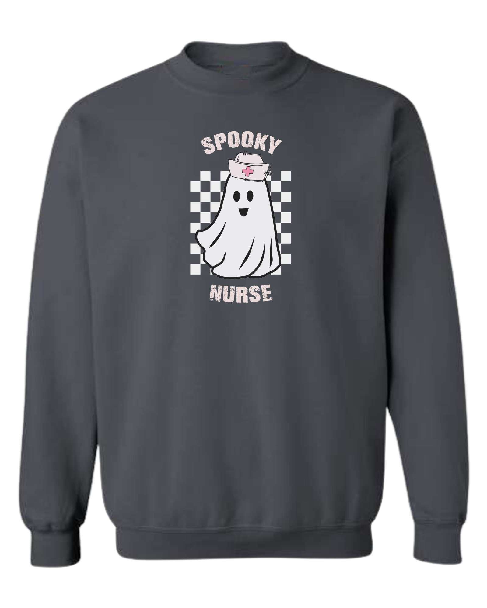 "Spooky Nurse" nurse ghost on checkerboard graphic Classic unisex crewneck sweatshirt Dark Grey