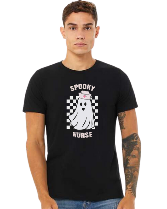 "Spooky Nurse" nurse ghost on checkerboard graphic Premium unisex crewneck tee Black
