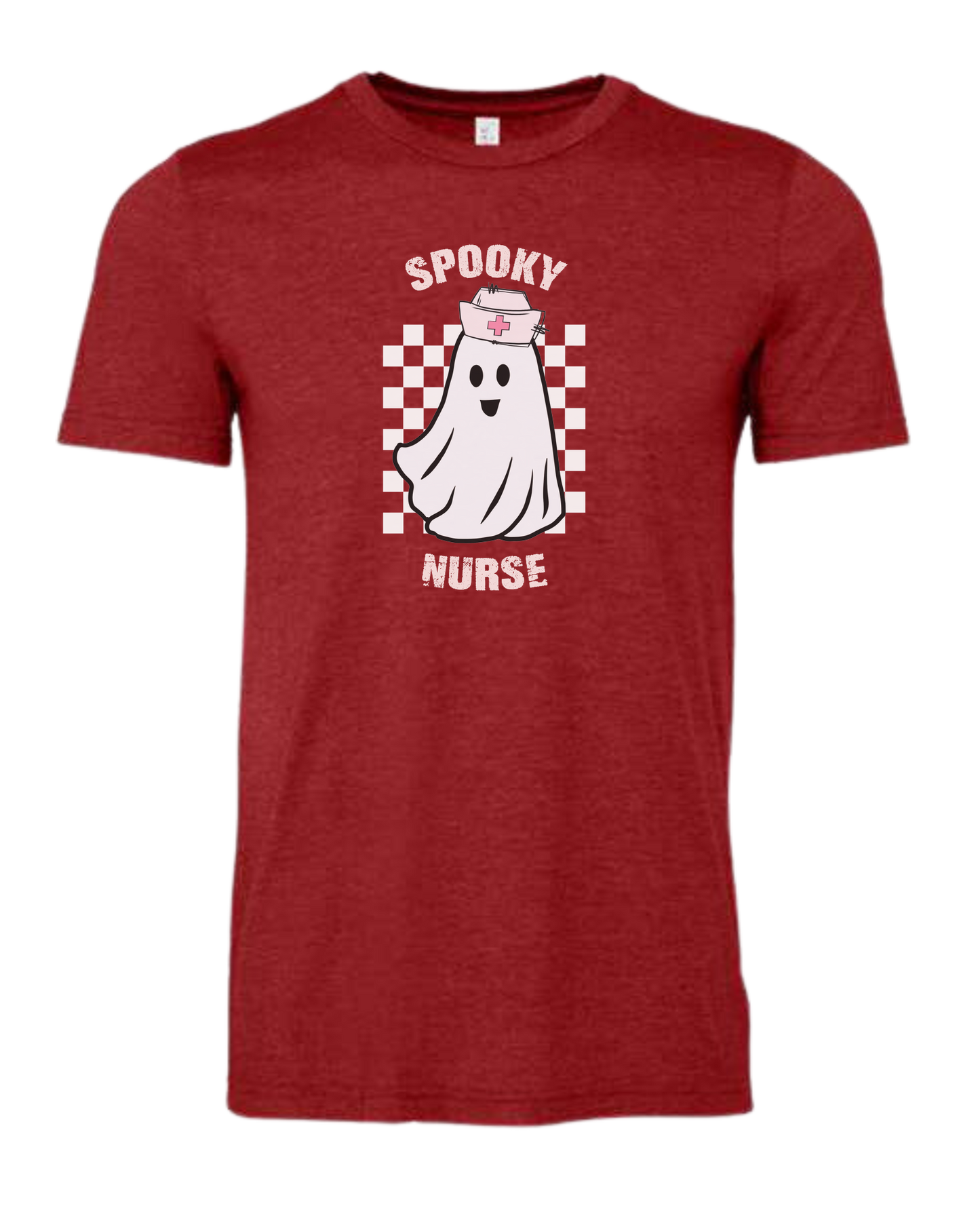 "Spooky Nurse" nurse ghost on checkerboard graphic Premium unisex crewneck tee Canvas Red