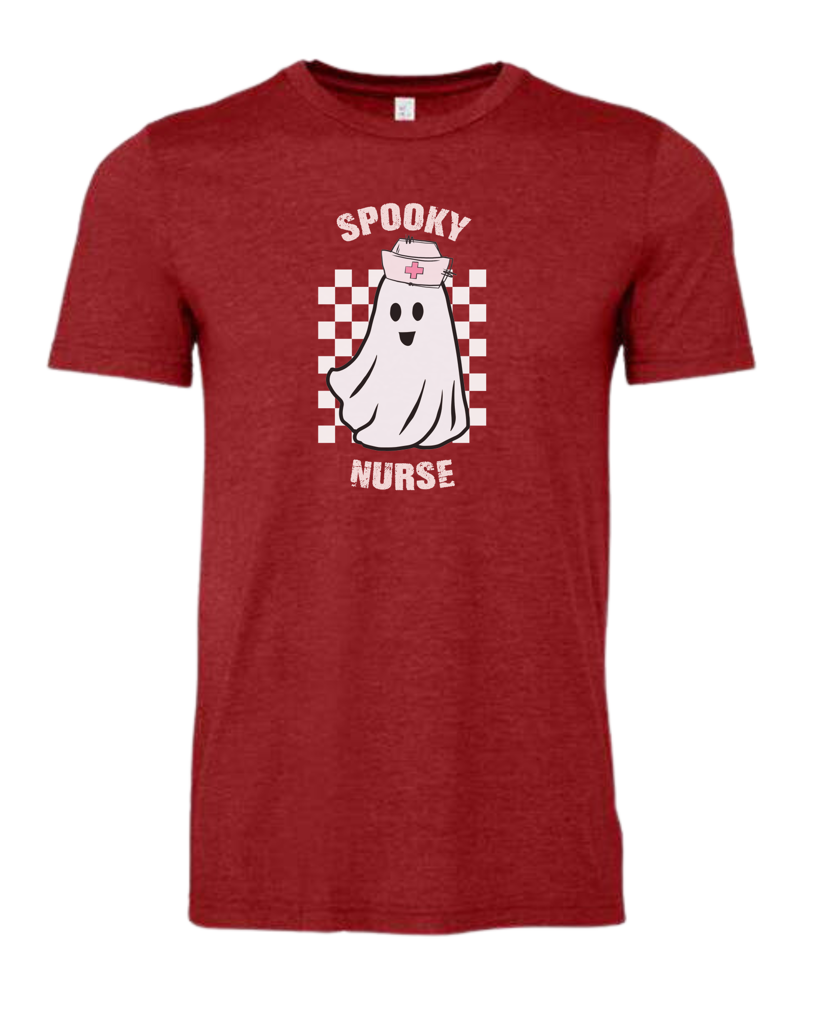 "Spooky Nurse" nurse ghost on checkerboard graphic Premium unisex crewneck tee Canvas Red