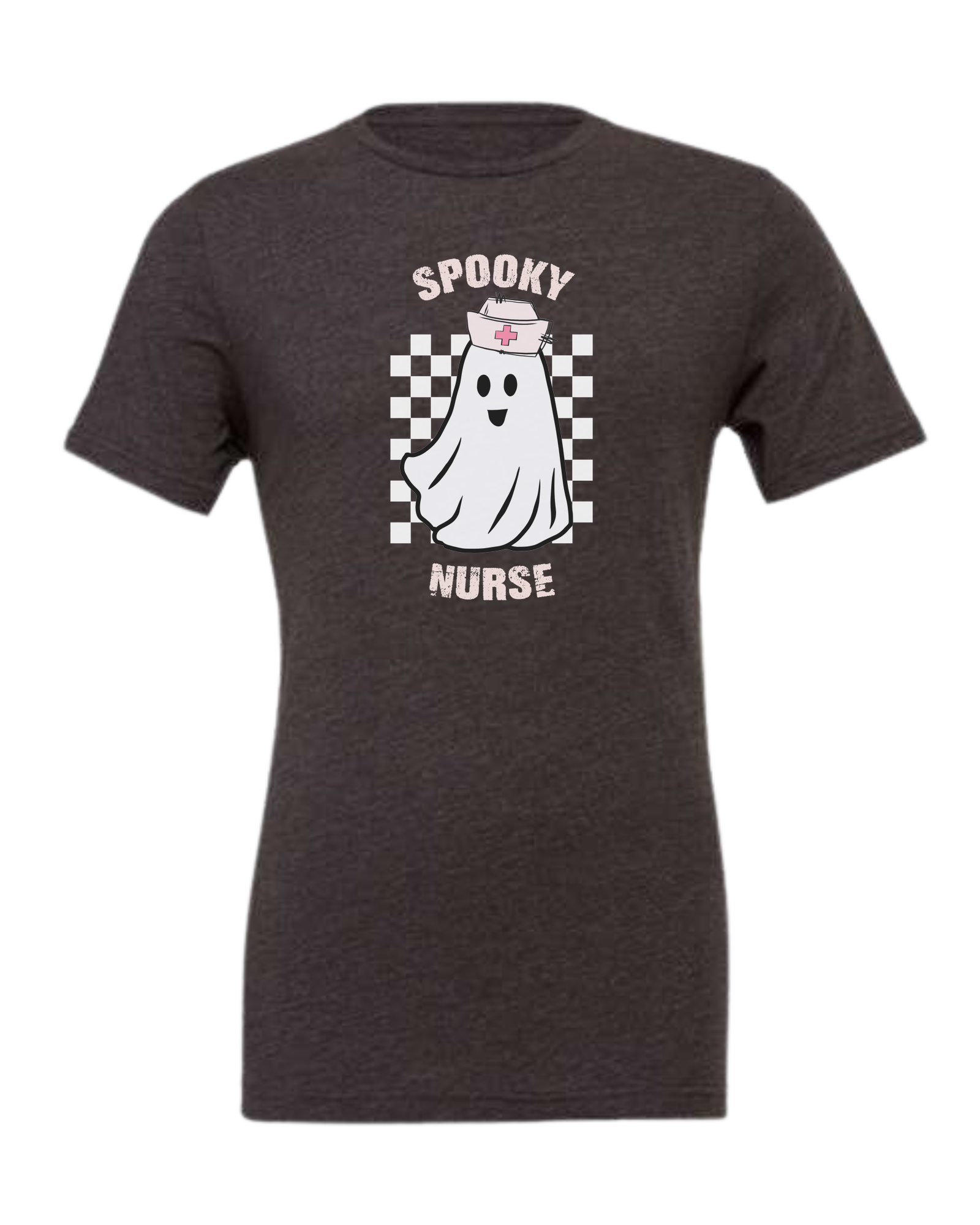 "Spooky Nurse" nurse ghost on checkerboard graphic Premium unisex crewneck tee Dark Grey