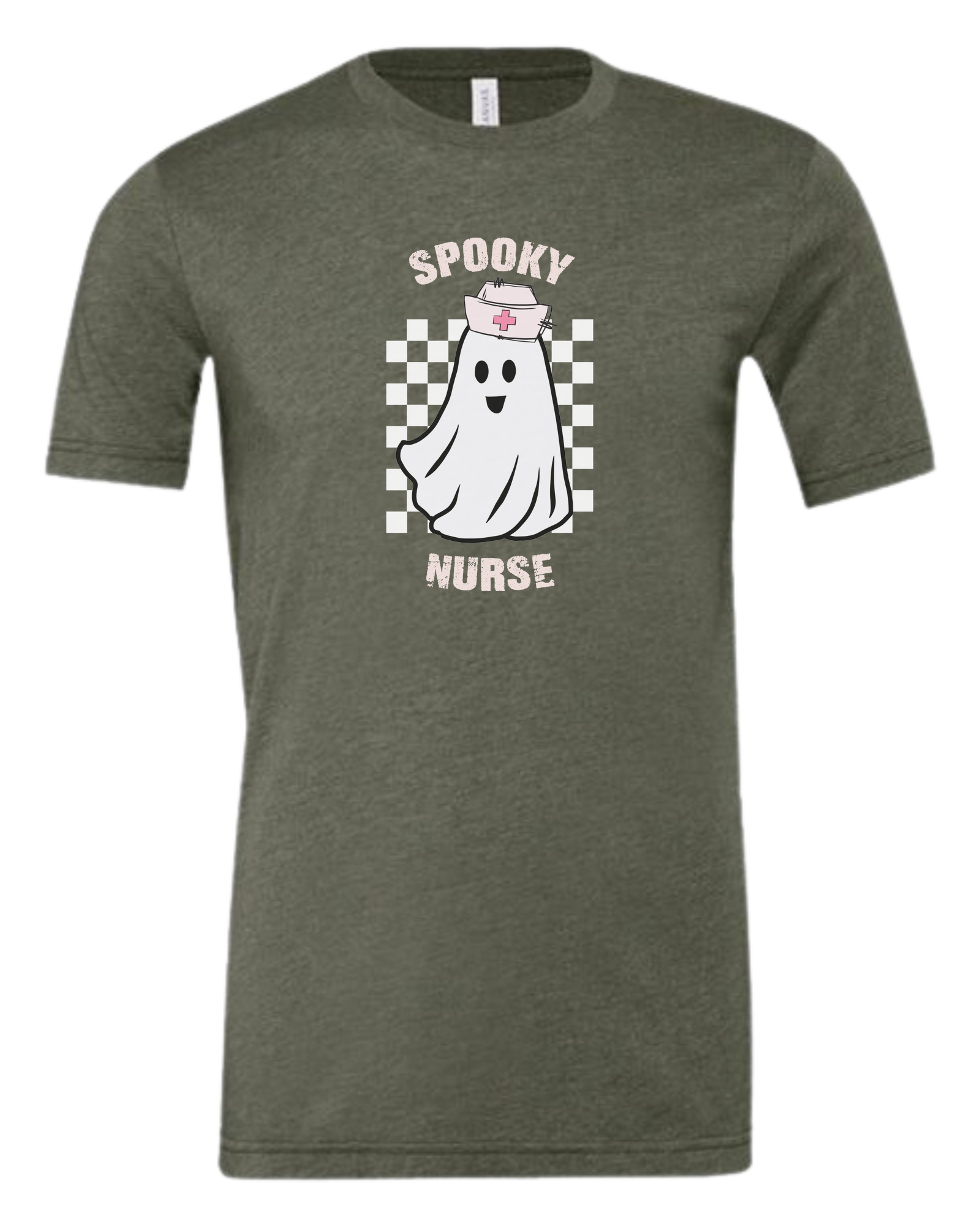 "Spooky Nurse" nurse ghost on checkerboard graphic Premium unisex crewneck tee Military Green