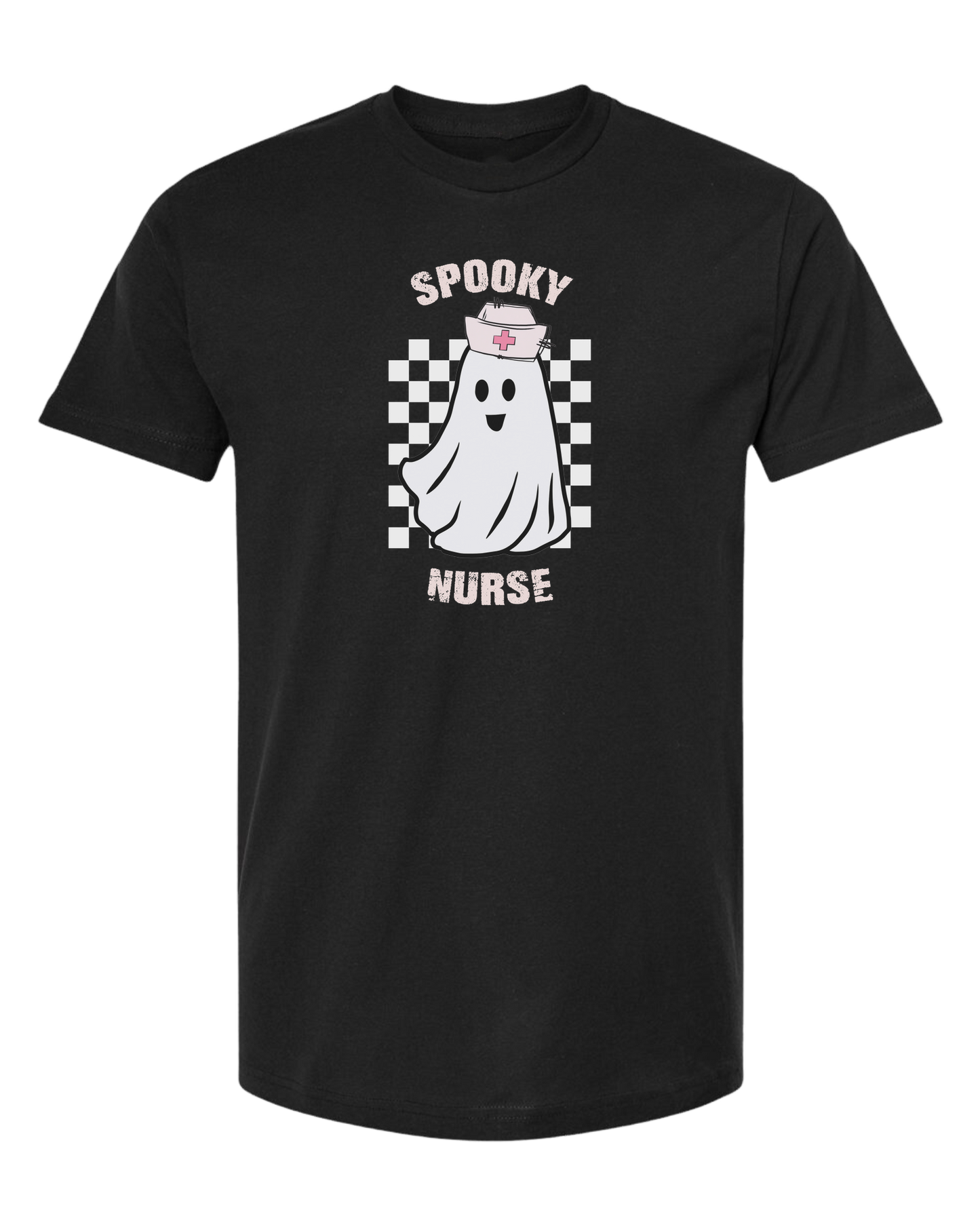 "Spooky Nurse" nurse ghost on checkerboard graphic Unisex crew-neck  graphic tee Black