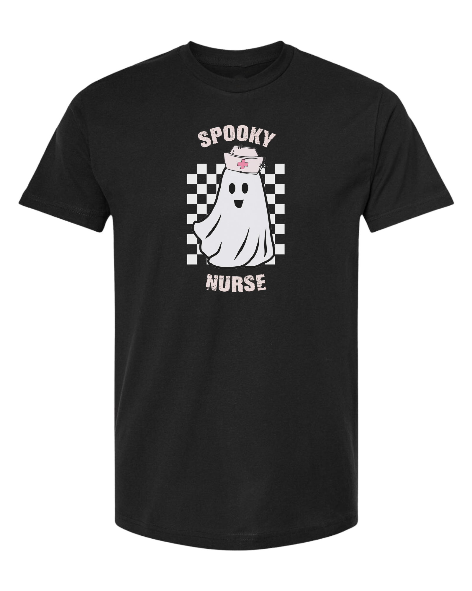 "Spooky Nurse" nurse ghost on checkerboard graphic Unisex crew-neck  graphic tee Black