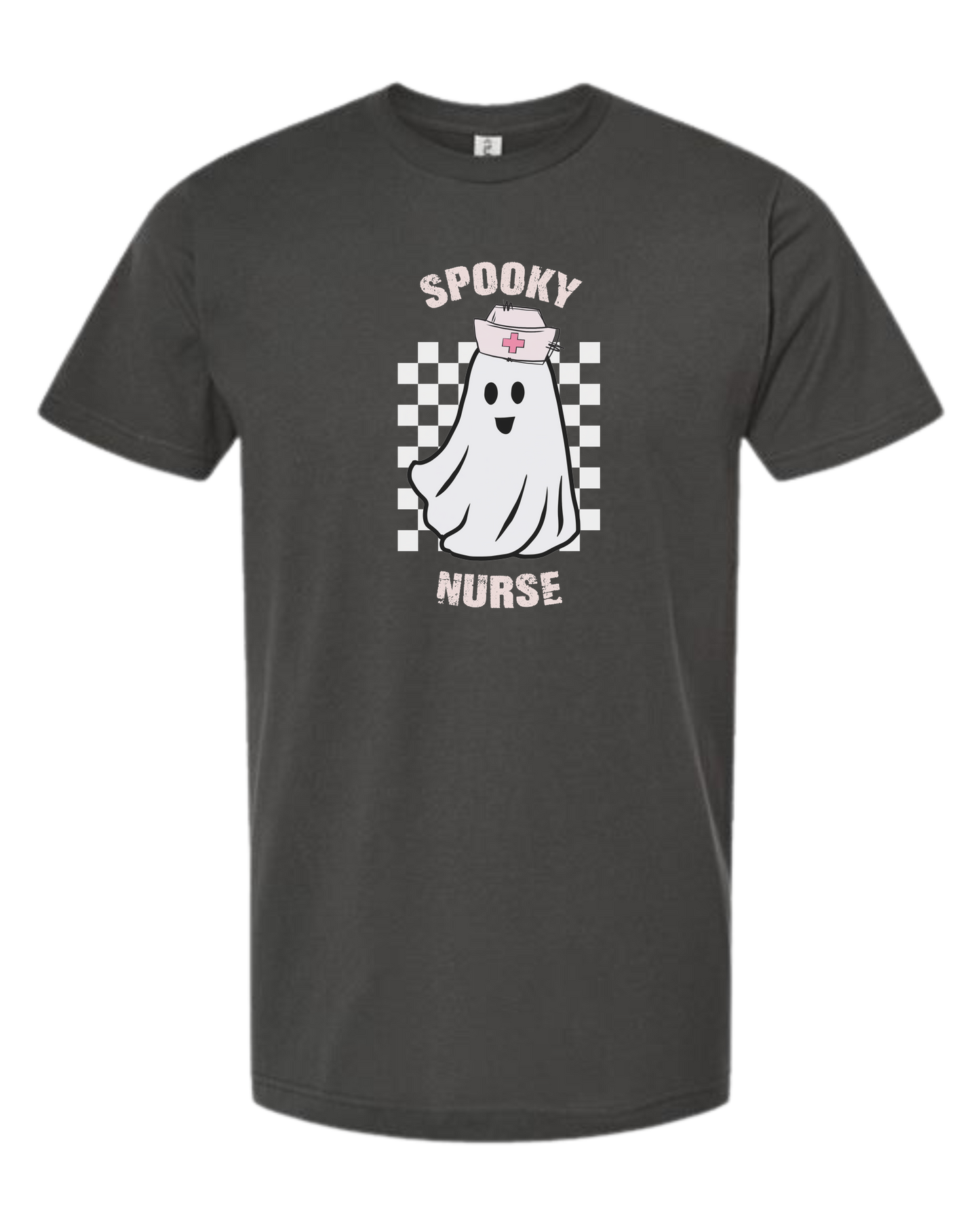 "Spooky Nurse" nurse ghost on checkerboard graphic Unisex crew-neck  graphic tee Charcoal Grey