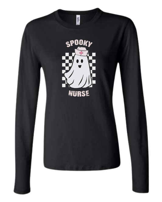 "Spooky Nurse" nurse ghost on checkerboard graphic Women's fit crewneck long sleeve fit Black