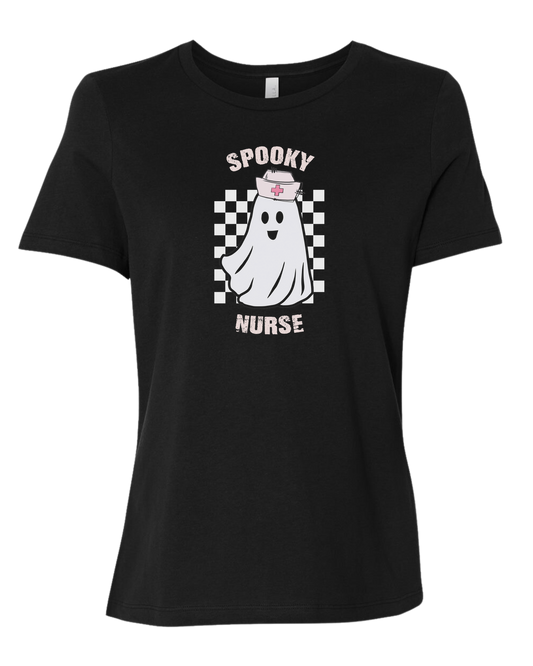 "Spooky Nurse" nurse ghost on checkerboard graphic Women's fit premium crewneck tee Black