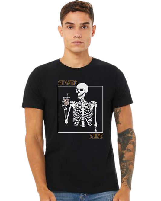 "Staying Alive" skeleton holding a coffee cup Premium unisex crewneck tee Black