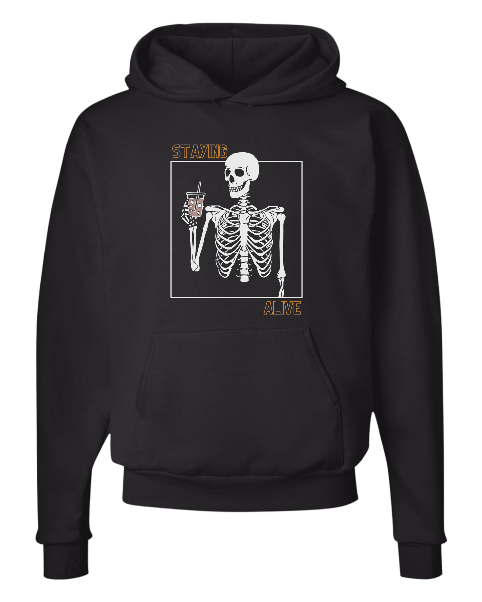 "Staying Alive" skeleton holding a coffee cup Unisex Classic Hoodie Black