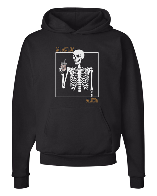 "Staying Alive" skeleton holding a coffee cup Unisex Classic Hoodie Black