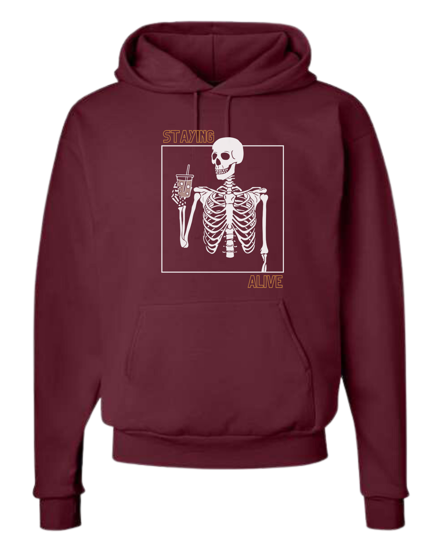"Staying Alive" skeleton holding a coffee cup Unisex Classic Hoodie Maroon