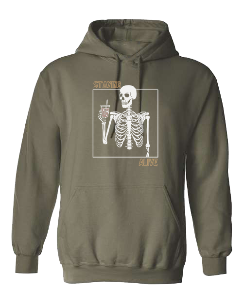 "Staying Alive" skeleton holding a coffee cup Unisex Classic Hoodie Military Green