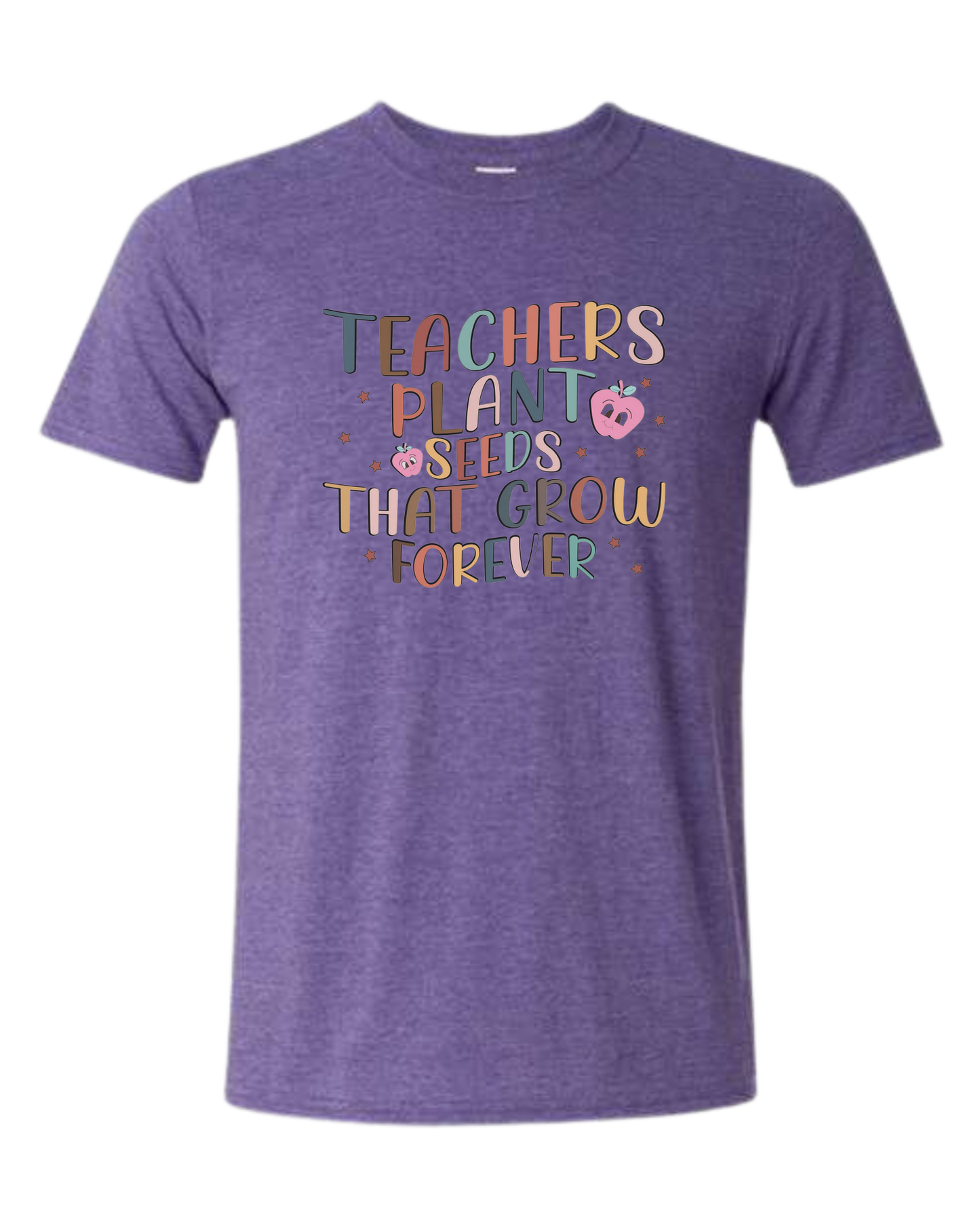 "Teachers Plant Seeds that Grow Forever" design Unisex crewneck graphic tee (light colors) Heather Purple