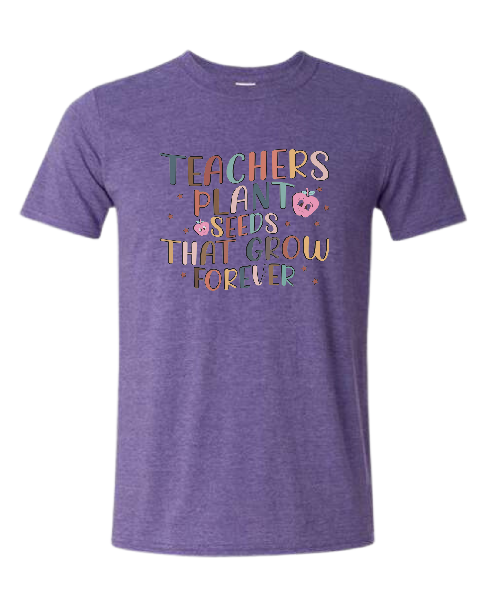 "Teachers Plant Seeds that Grow Forever" design Unisex crewneck graphic tee (light colors) Heather Purple