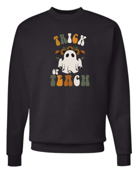 "Trick or Teach" hippie ghost retro teacher graphic Classic unisex crewneck sweatshirt Black