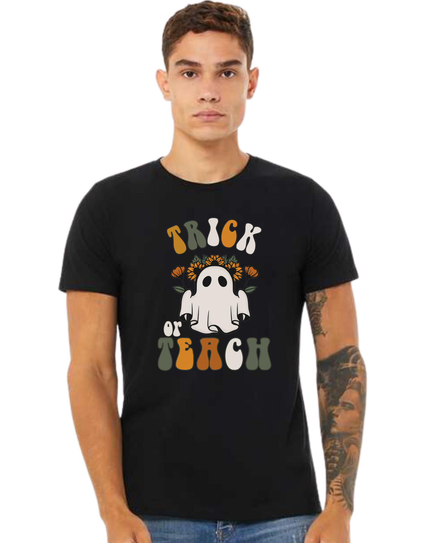 "Trick or Teach" hippie ghost retro teacher graphic Premium unisex crewneck tee Black