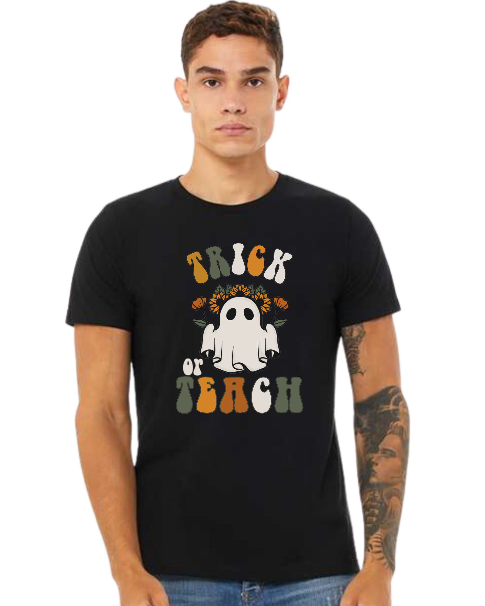 "Trick or Teach" hippie ghost retro teacher graphic Premium unisex crewneck tee Black