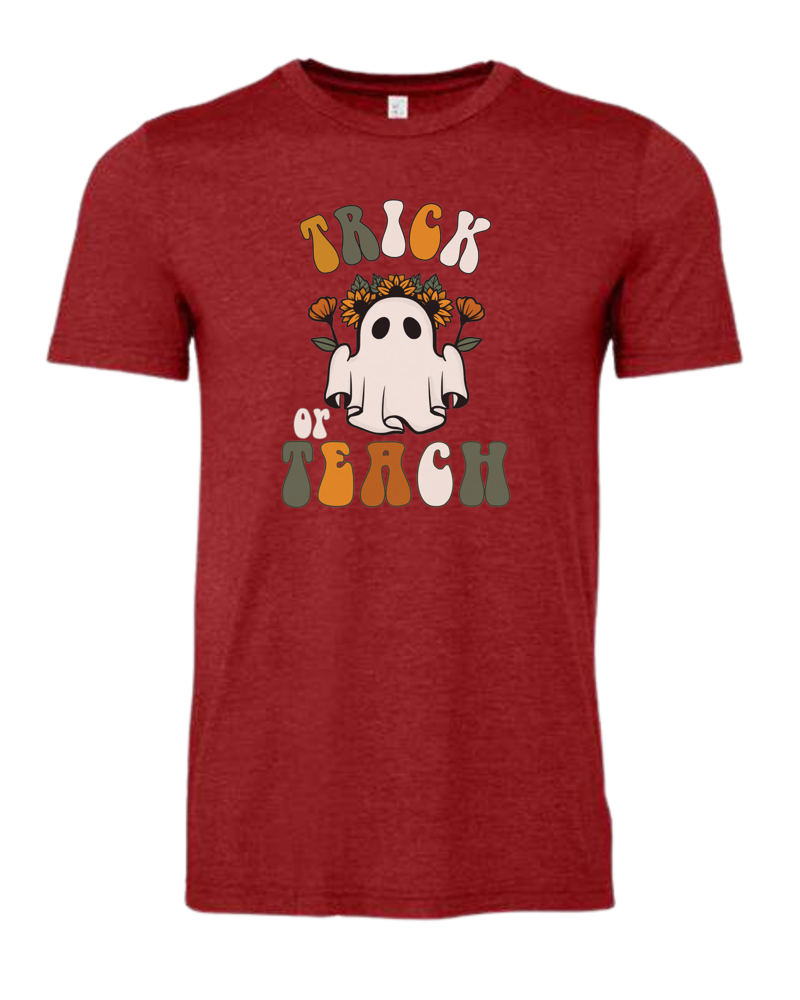 "Trick or Teach" hippie ghost retro teacher graphic Premium unisex crewneck tee Canvas Red