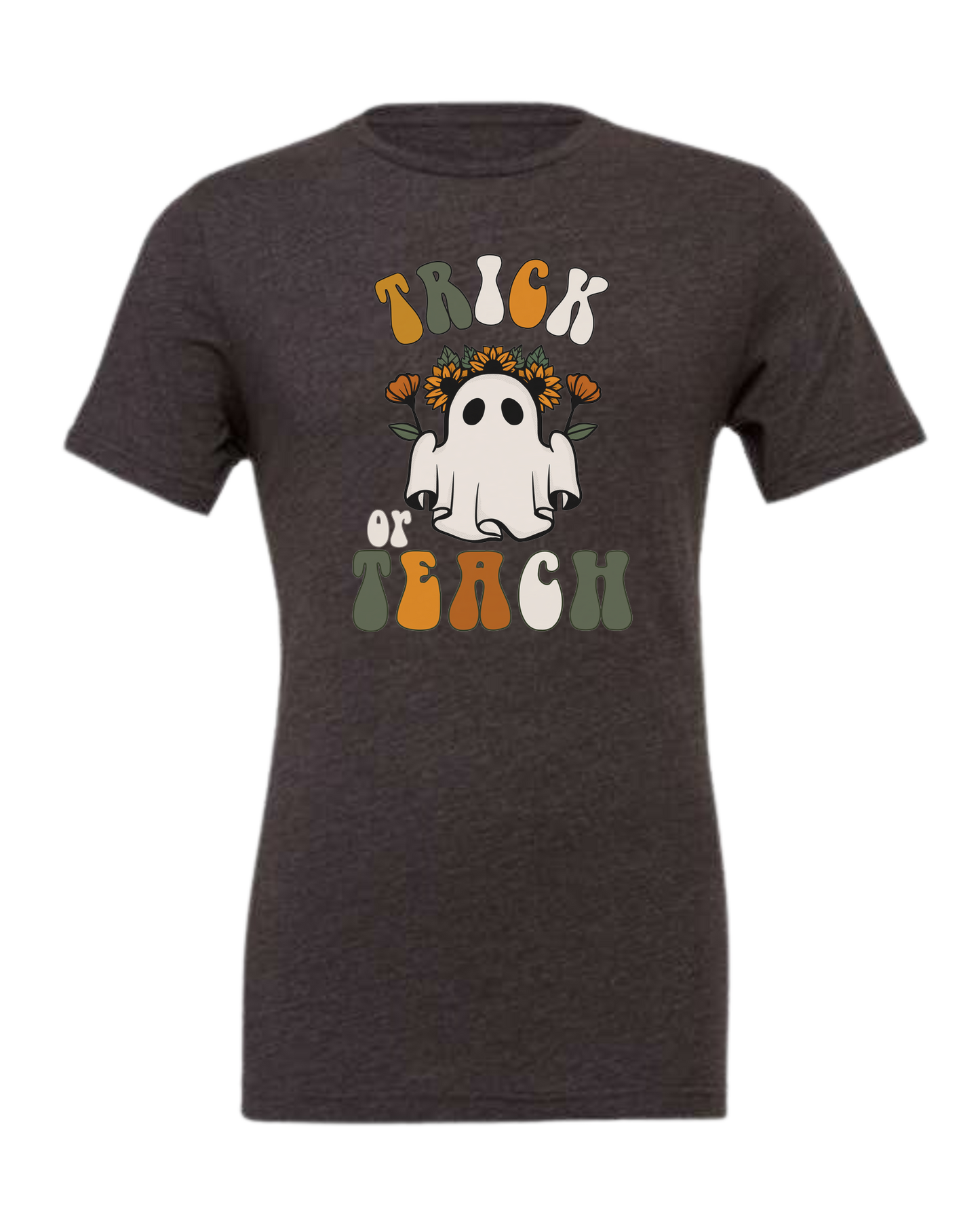 "Trick or Teach" hippie ghost retro teacher graphic Premium unisex crewneck tee Dark Grey