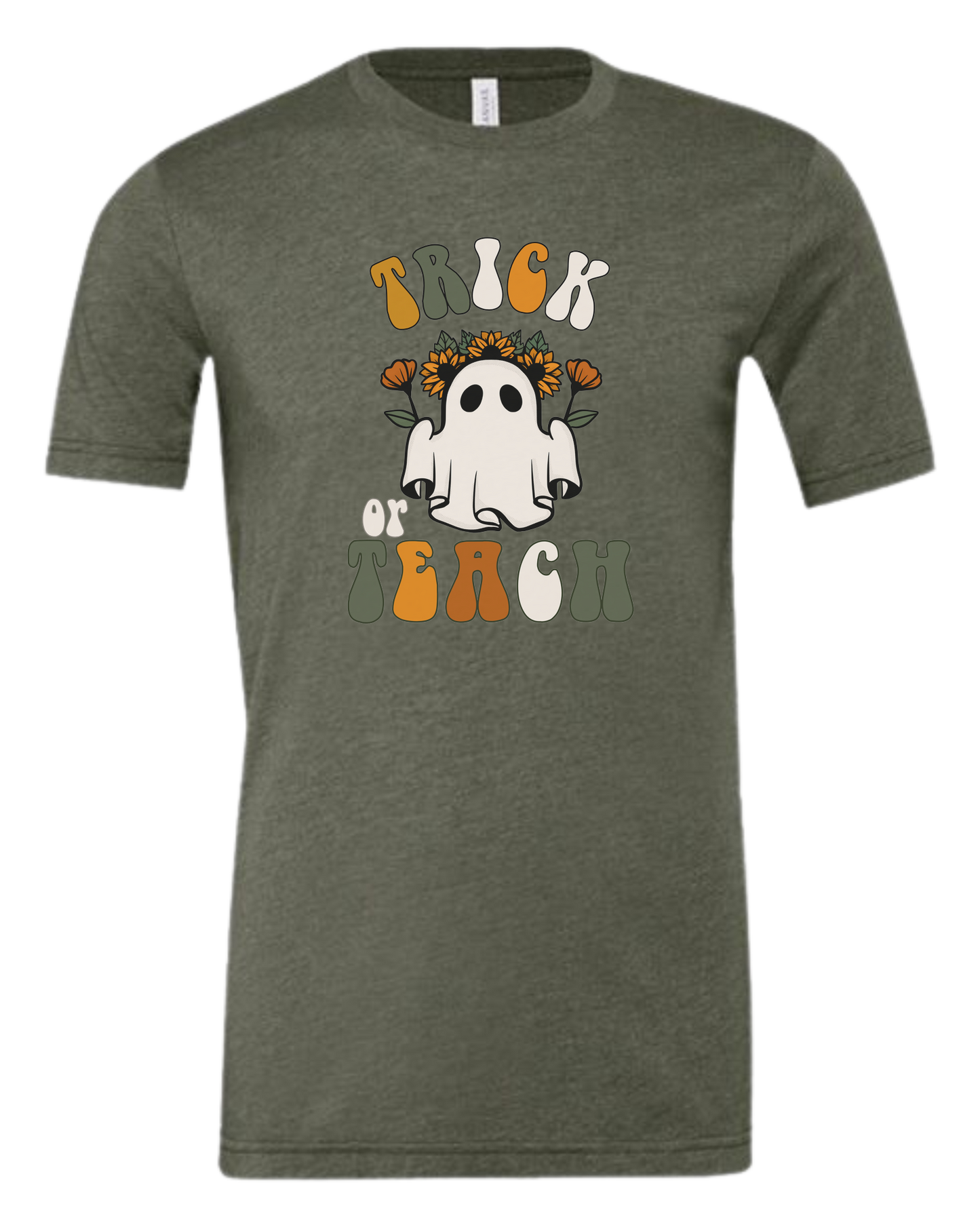 "Trick or Teach" hippie ghost retro teacher graphic Premium unisex crewneck tee Military Green