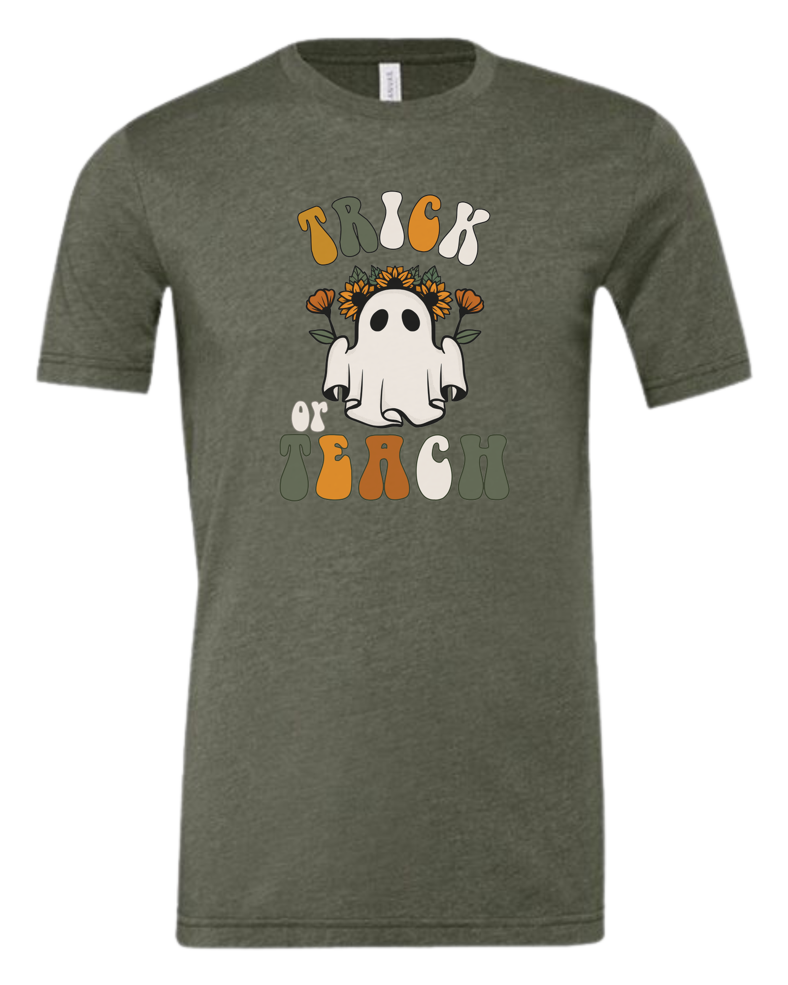 "Trick or Teach" hippie ghost retro teacher graphic Premium unisex crewneck tee Military Green