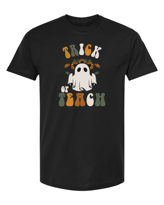 "Trick or Teach" hippie ghost retro teacher graphic Unisex crew-neck  graphic tee Black