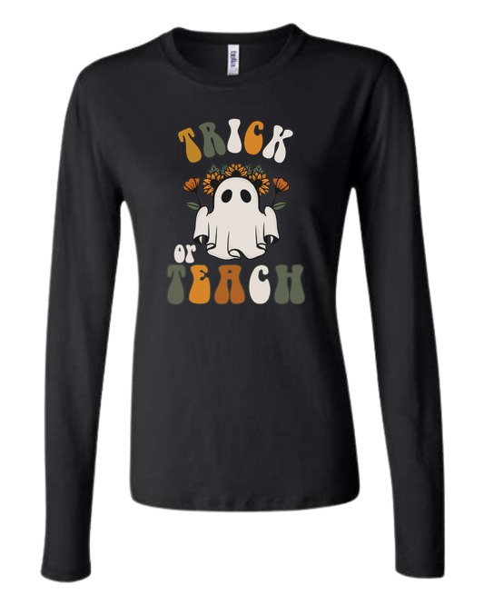 "Trick or Teach" hippie ghost retro teacher graphic Women's fit crewneck long sleeve fit Black