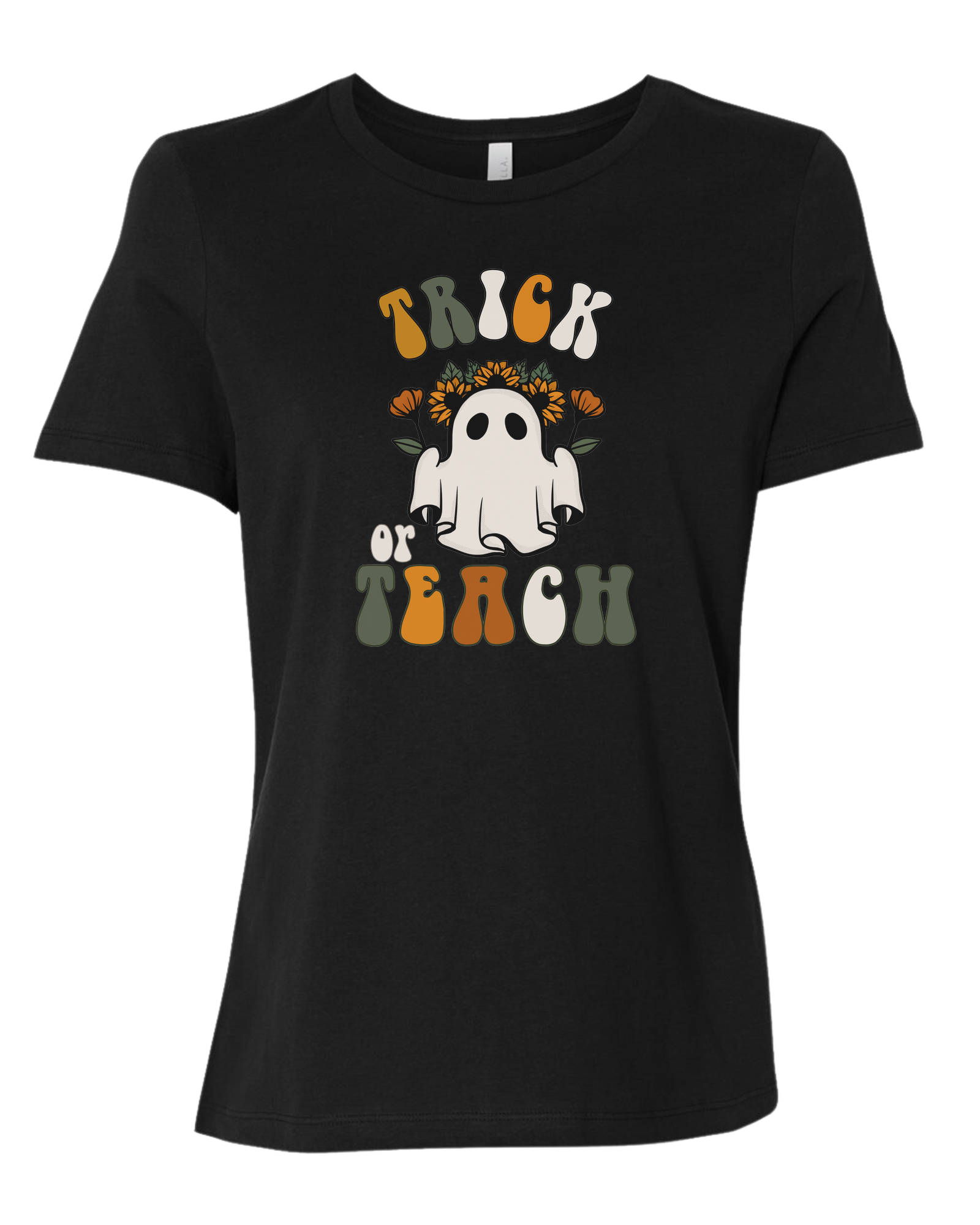 "Trick or Teach" hippie ghost retro teacher graphic Women's fit premium crewneck tee Black