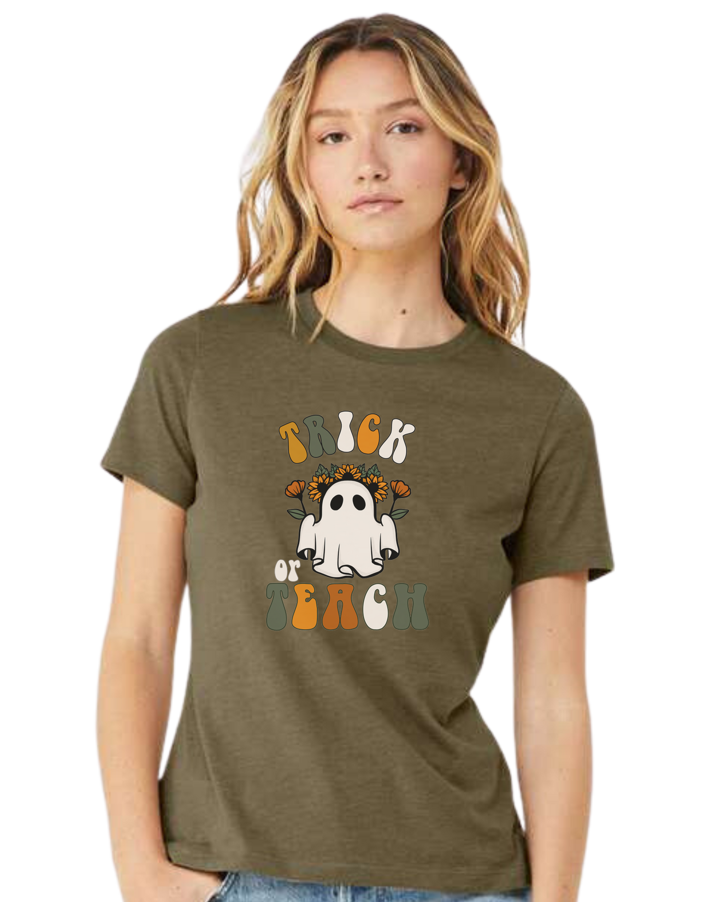"Trick or Teach" hippie ghost retro teacher graphic Women's fit premium crewneck tee Olive