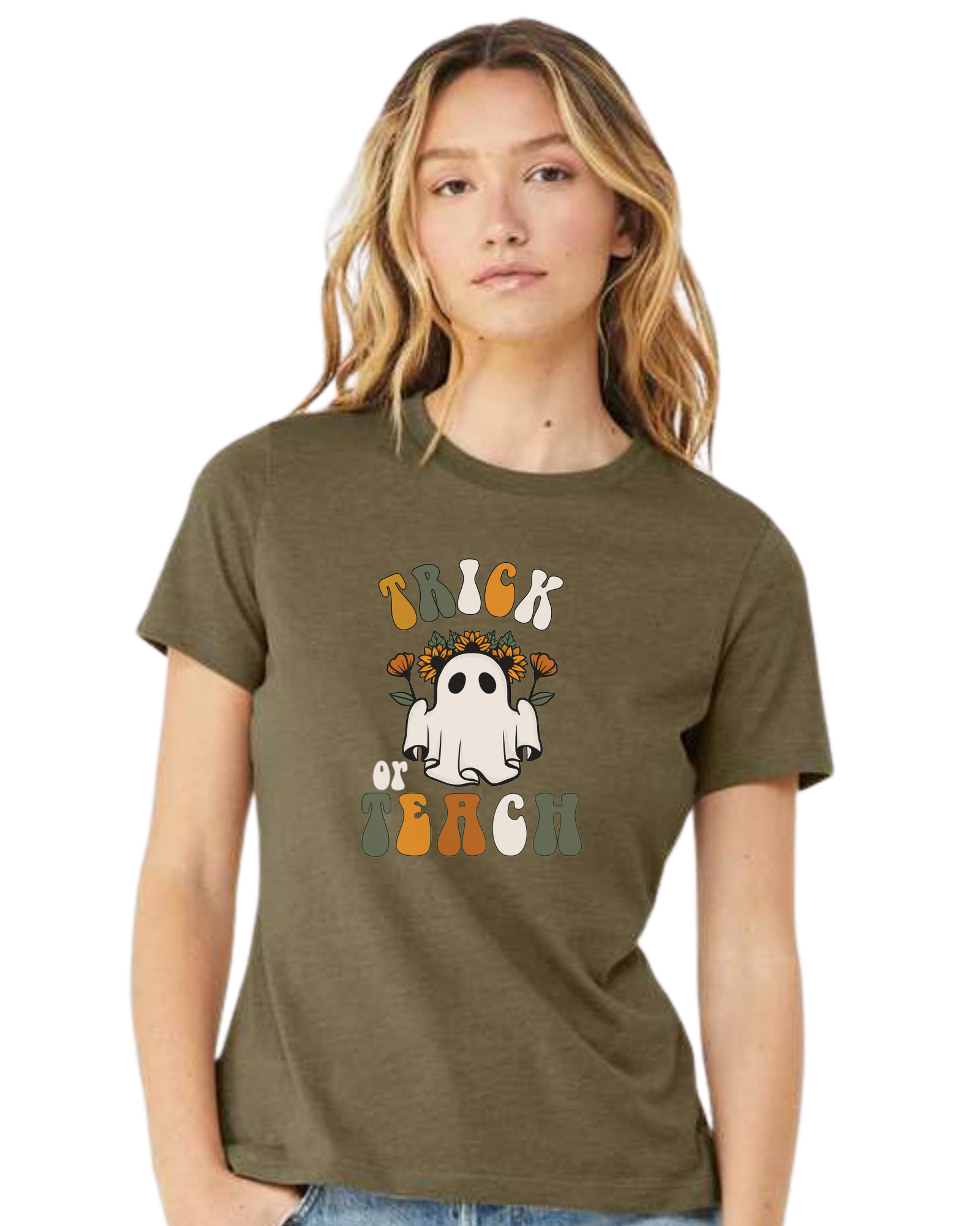 "Trick or Teach" hippie ghost retro teacher graphic Women's fit premium crewneck tee Olive