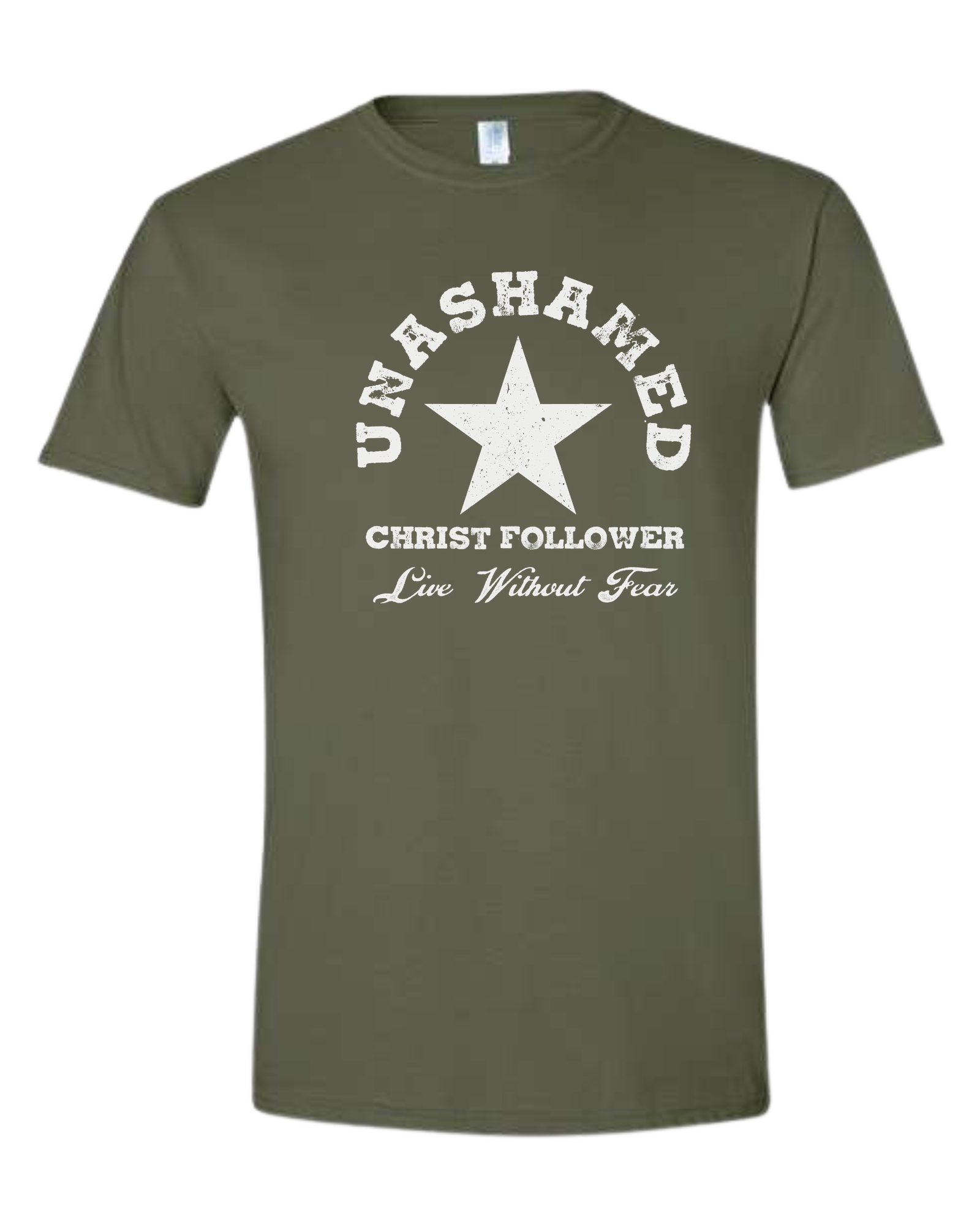 "Unashamed Christ Follower" basic crewneck graphic tee Unisex crew-neck  graphic tee Military Green