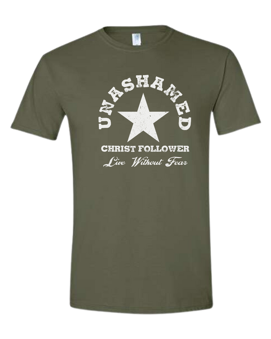 "Unashamed Christ Follower" basic crewneck graphic tee Unisex crew-neck  graphic tee Military Green