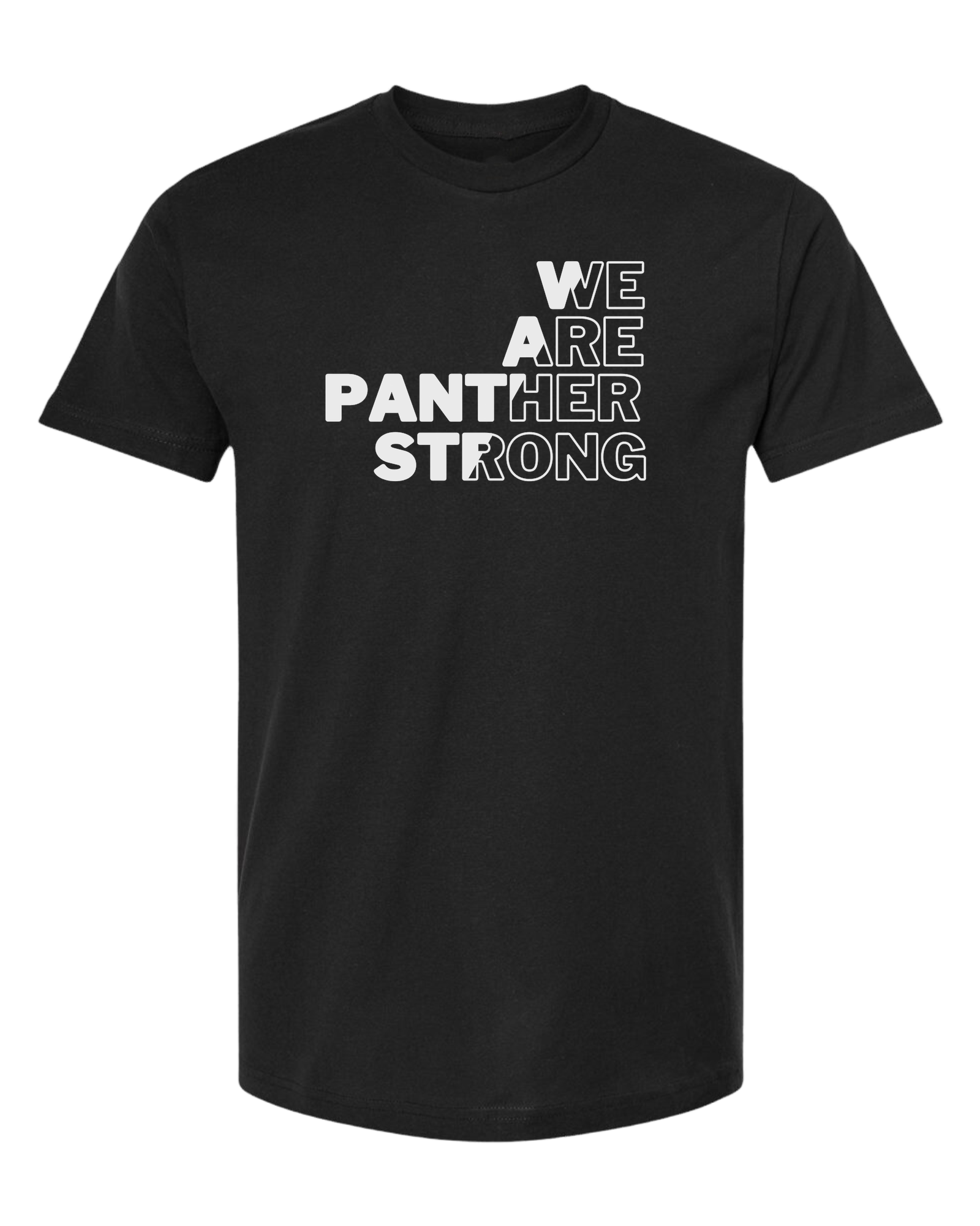 "WE ARE PANTHER STRONG" contrasting color font design Classic unisex crewneck tee Short sleeve crew neck