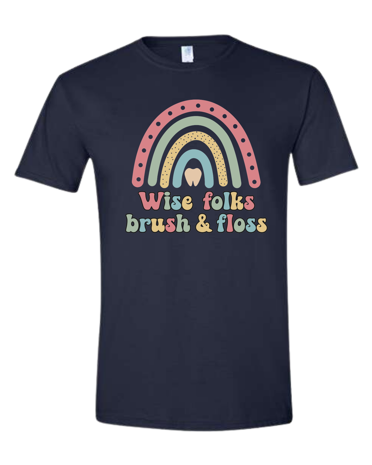 "Wise Folks, Brush, and Floss" Rainbow graphic Unisex crew-neck  graphic tee Navy Blue