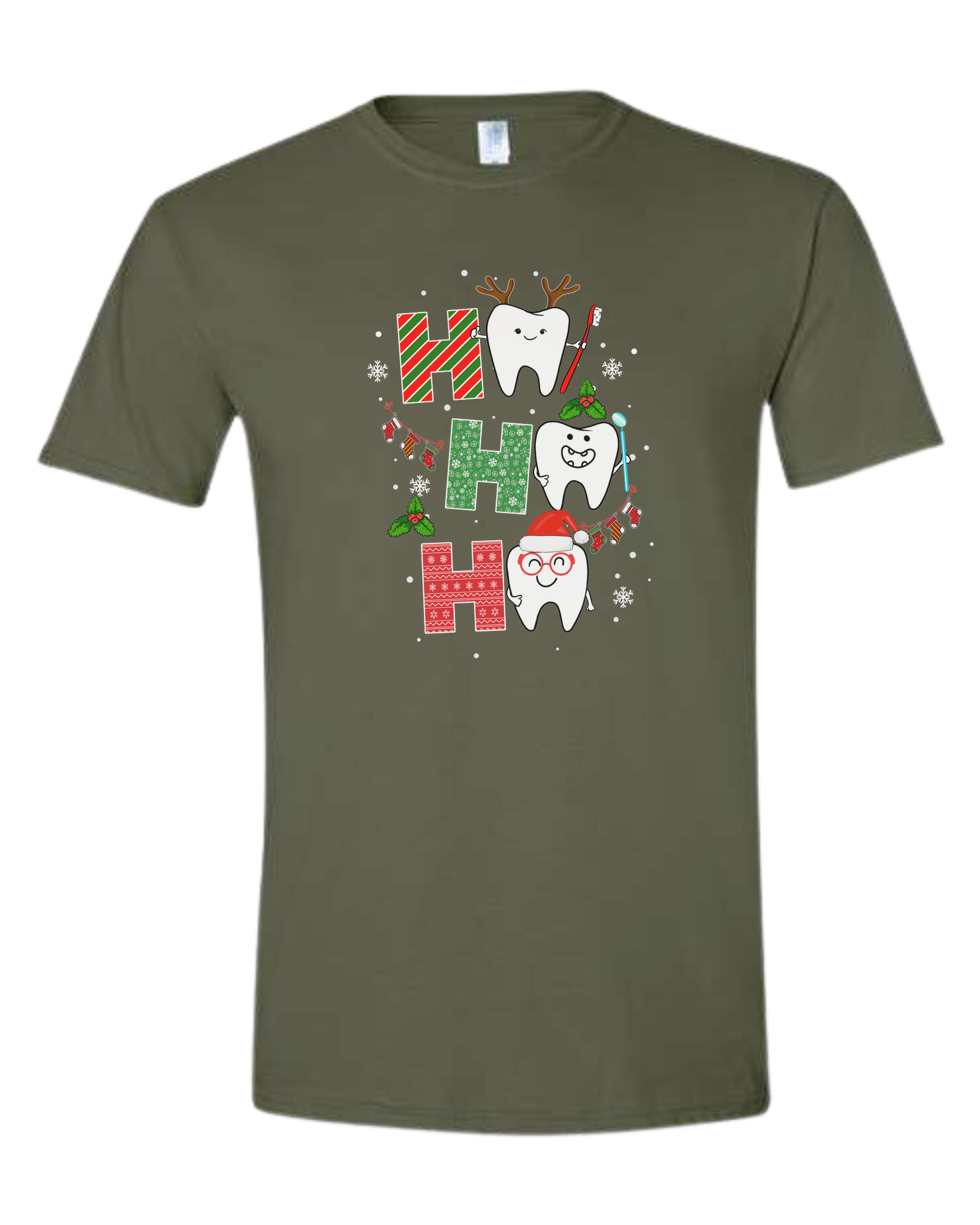 Wrapping paper font "HO HO HO" graphic Unisex crew-neck  graphic tee Military Green