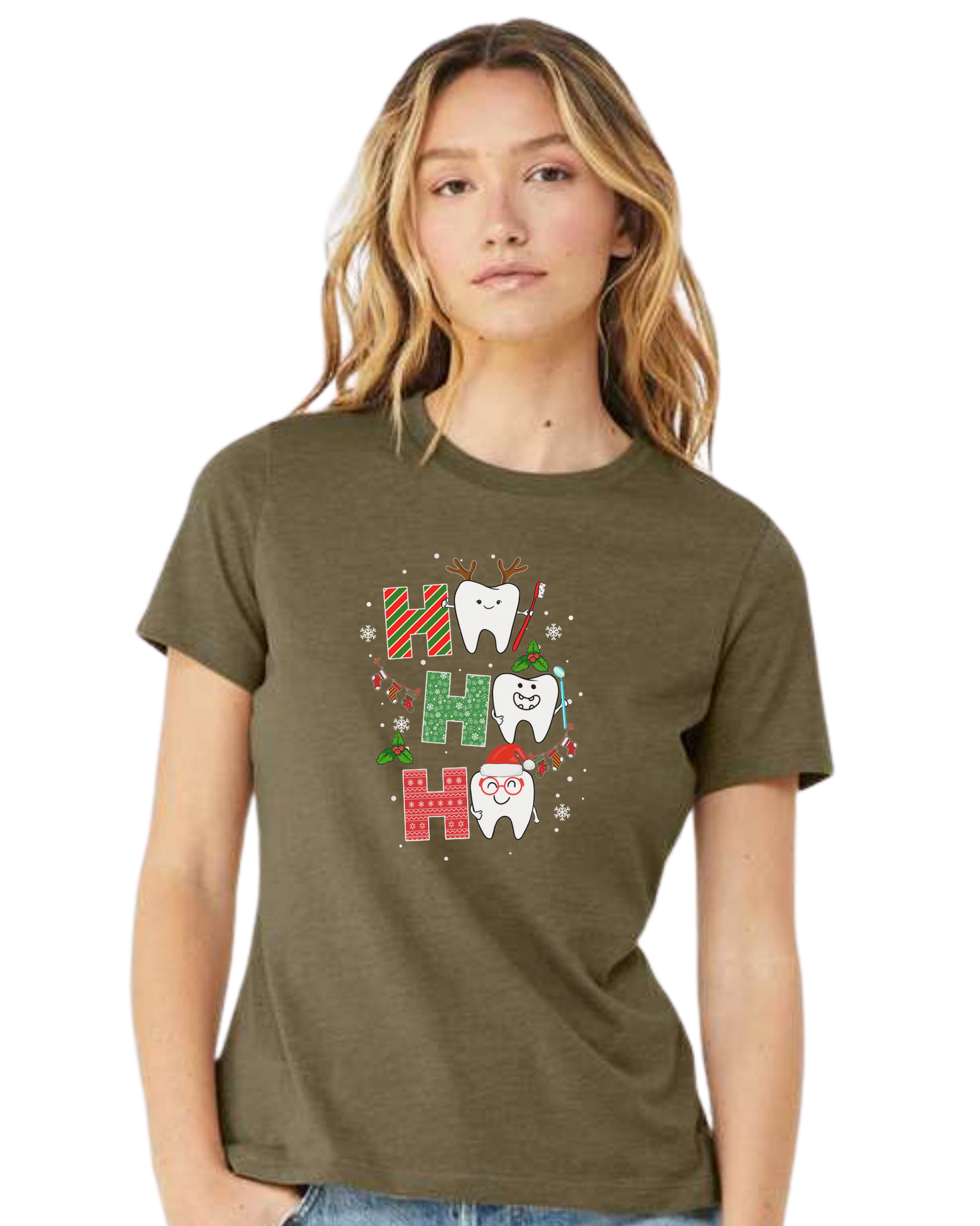 Wrapping paper font "HO HO HO" graphic Women's fit premium crewneck tee Olive