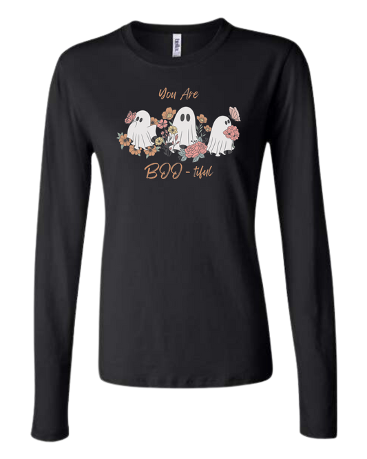 "You are BOO-tiful" ghost tee Women's fit crewneck long sleeve fit Black