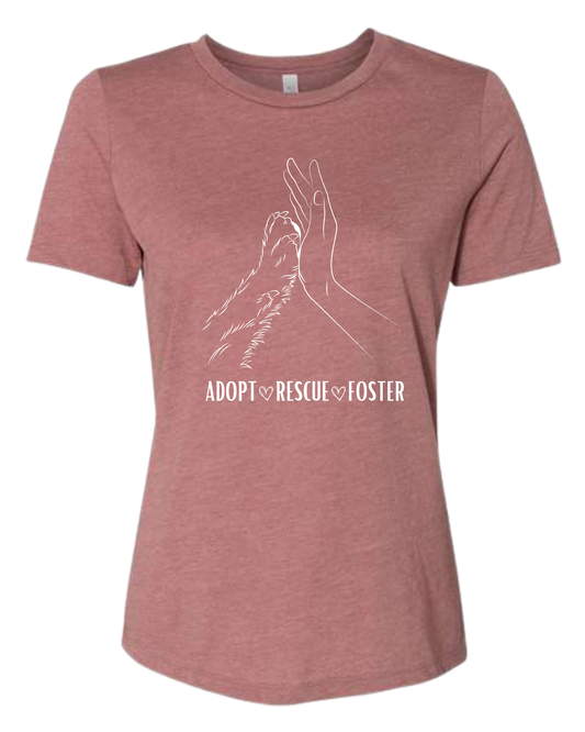 Women's fit "Adopt, Rescue, Foster" human & paw high five graphic